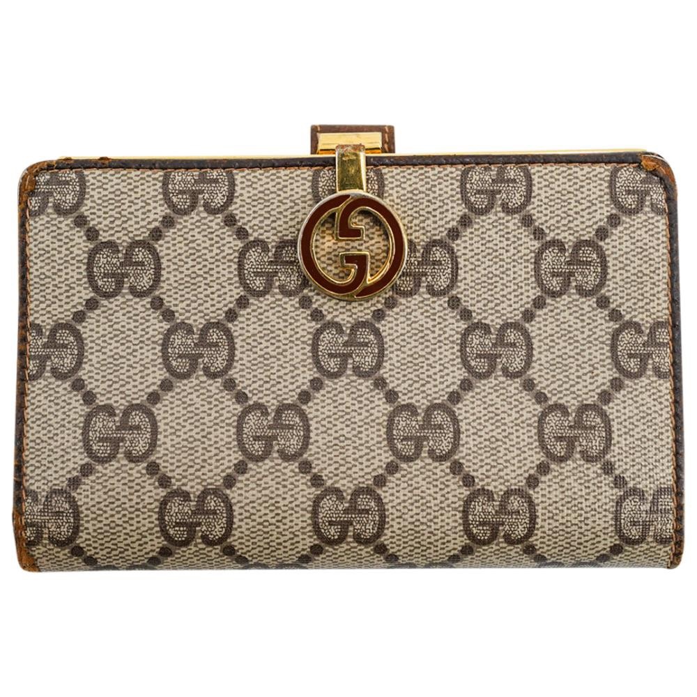 1970s Vintage Gucci Supreme Monogram Canvas Leather GG Gold Clasp Clutch Wallet - Picture 1 of 16
